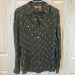 Wrangler Women's Western Long Sleeve Snap Up Top Olive Green with Pattern
